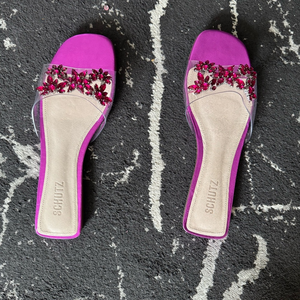 Schutz Crystal Embellished Sandal Prince Slides Flats Violet Purple 9.5